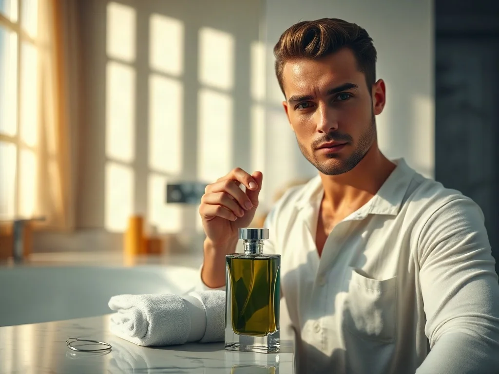 Stylowy mężczyzna aplikujący wodę kolońską w nowoczesnej łazience. Na marmurowym blacie stoi elegancki flakon perfum.