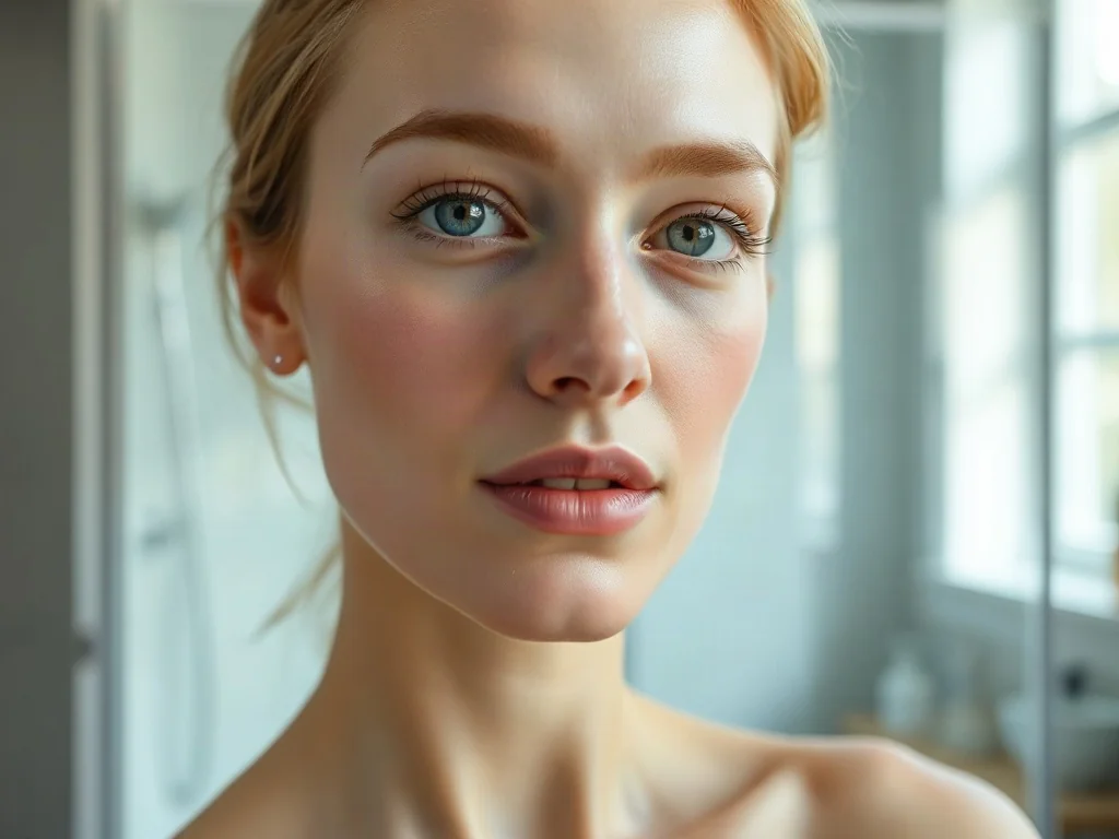 Młoda kobieta z idealnie gładką, promienną cerą typu glass skin w jasnym, minimalistycznym wnętrzu łazienki.
