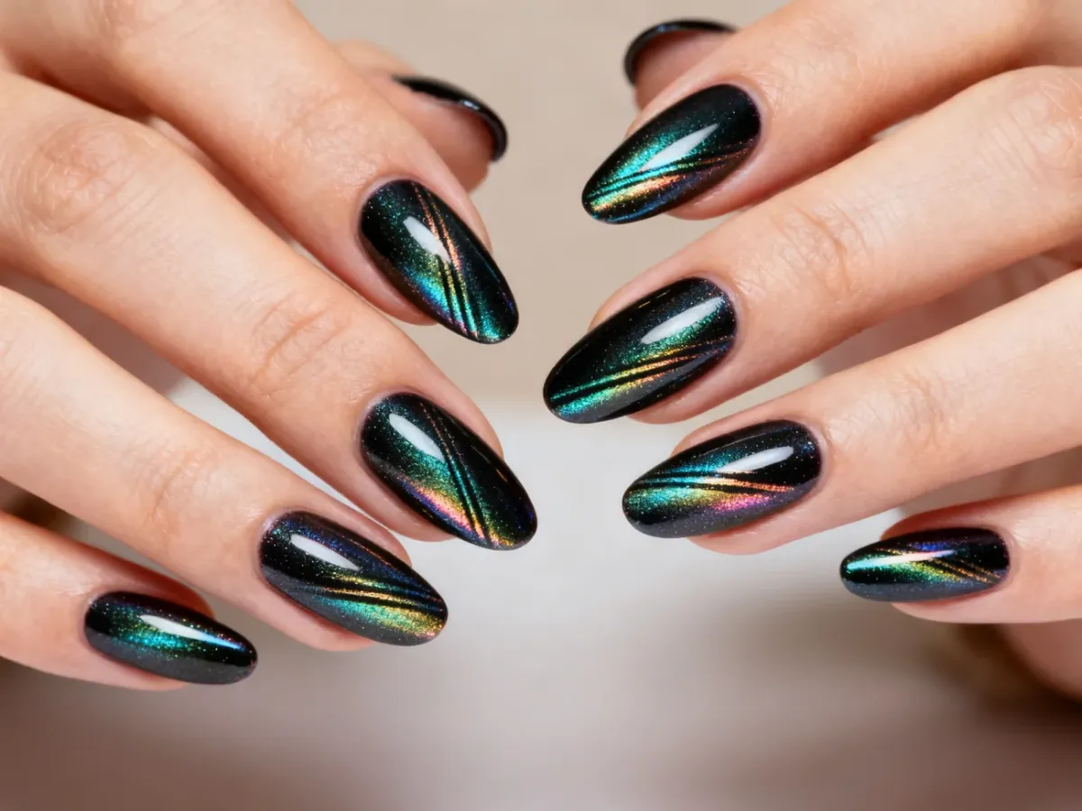 Błyszczący manicure cat eye z diagonalnymi świetlistymi smugami
