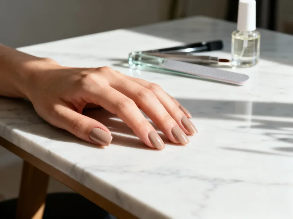 Zadbana dłoń z profesjonalnym manicure w neutralnym odcieniu na marmurowym blacie w otoczeniu akcesoriów do pielęgnacji.