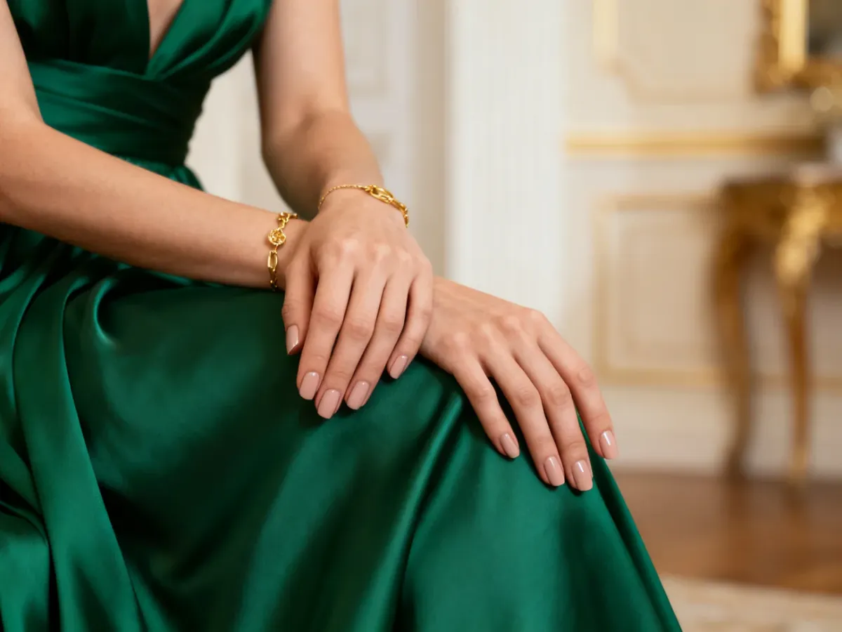 Dłonie z eleganckim beżowym manicure przy sukience w kolorze butelkowej zieleni
