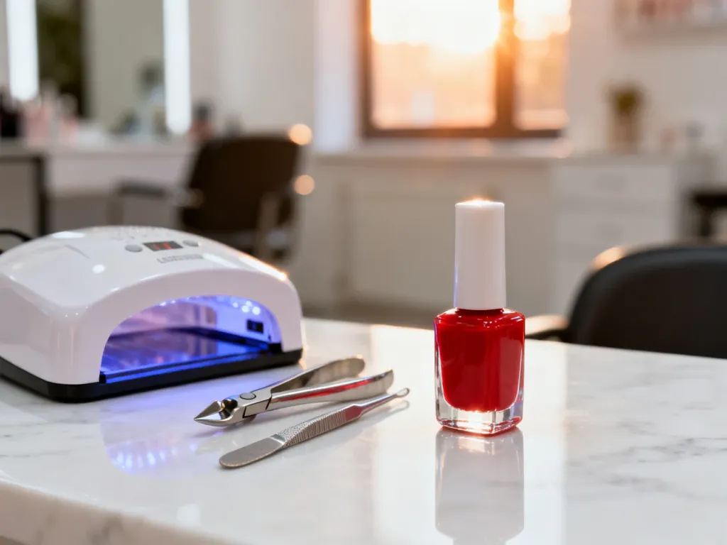 Profesjonalne akcesoria do manicure hybrydowego, w tym lampa UV i czerwony lakier, przygotowane na marmurowym blacie.