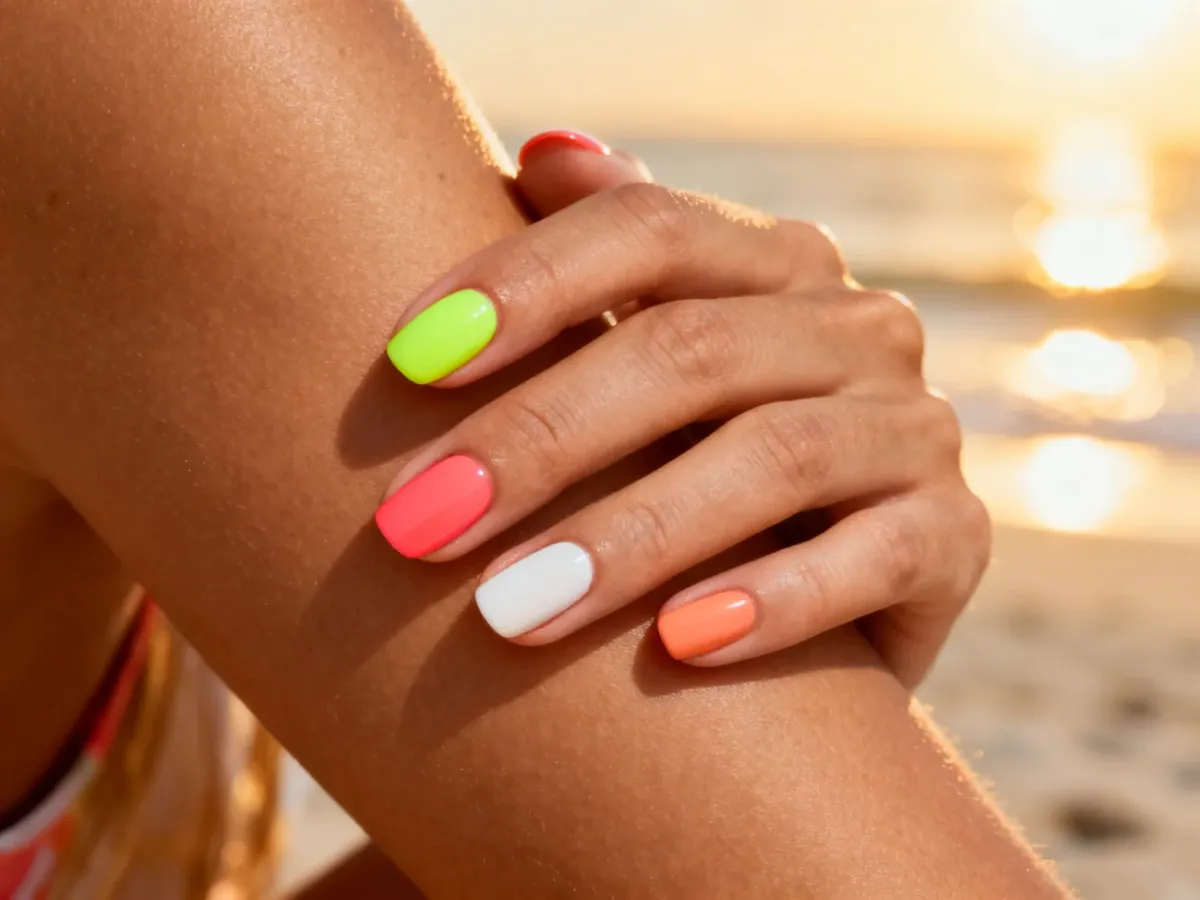 Dłoń z opaloną skórą i wielokolorowym wakacyjnym manicure