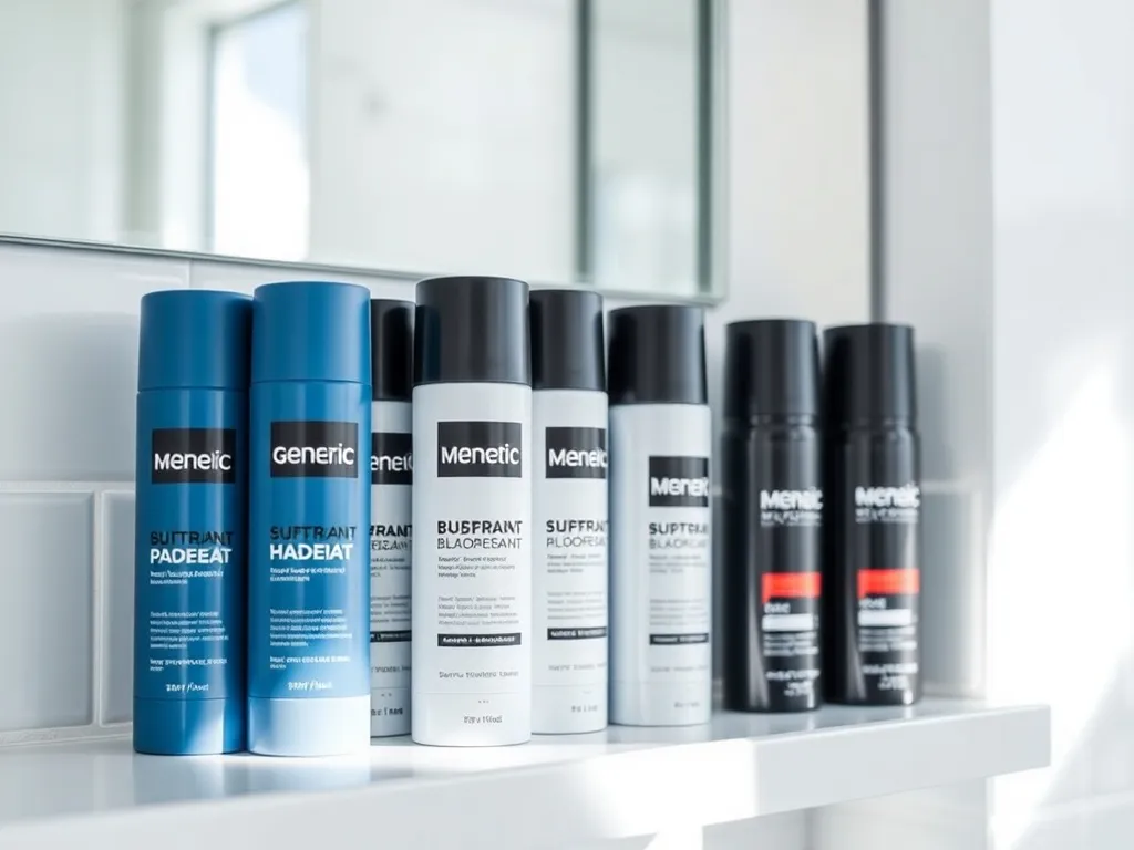 Nowoczesne męskie antyperspiranty na minimalistycznej półce w łazience, podkreślające wybór najlepszych produktów.