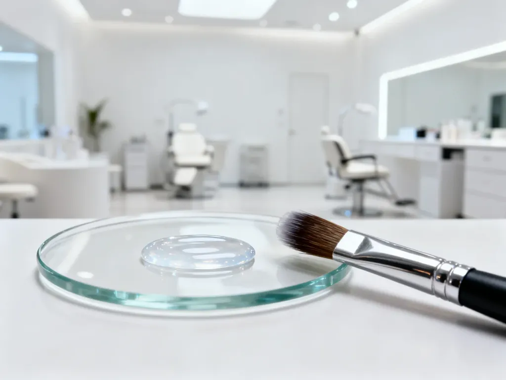 Pędzelek do modelowania paznokci oraz kropla przezroczystego żelu UV na szklanej palecie w profesjonalnym salonie manicure.
