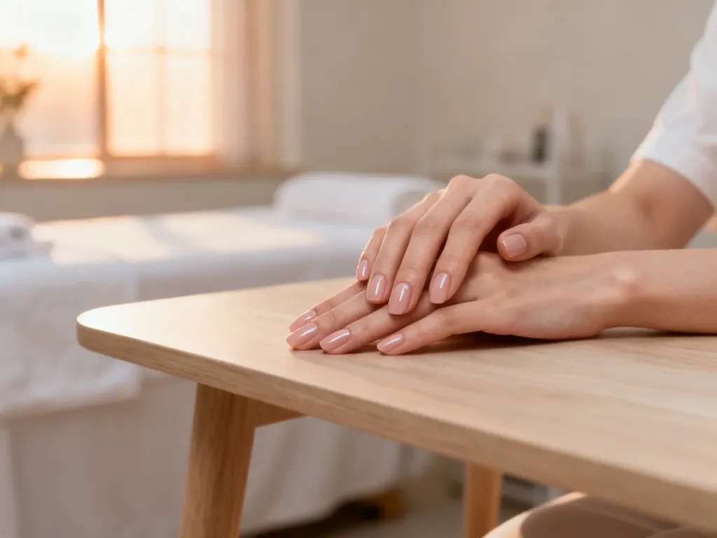 Zadbane dłonie z naturalnie błyszczącymi paznokciami po manicure japońskim na tle minimalistycznego wnętrza spa.