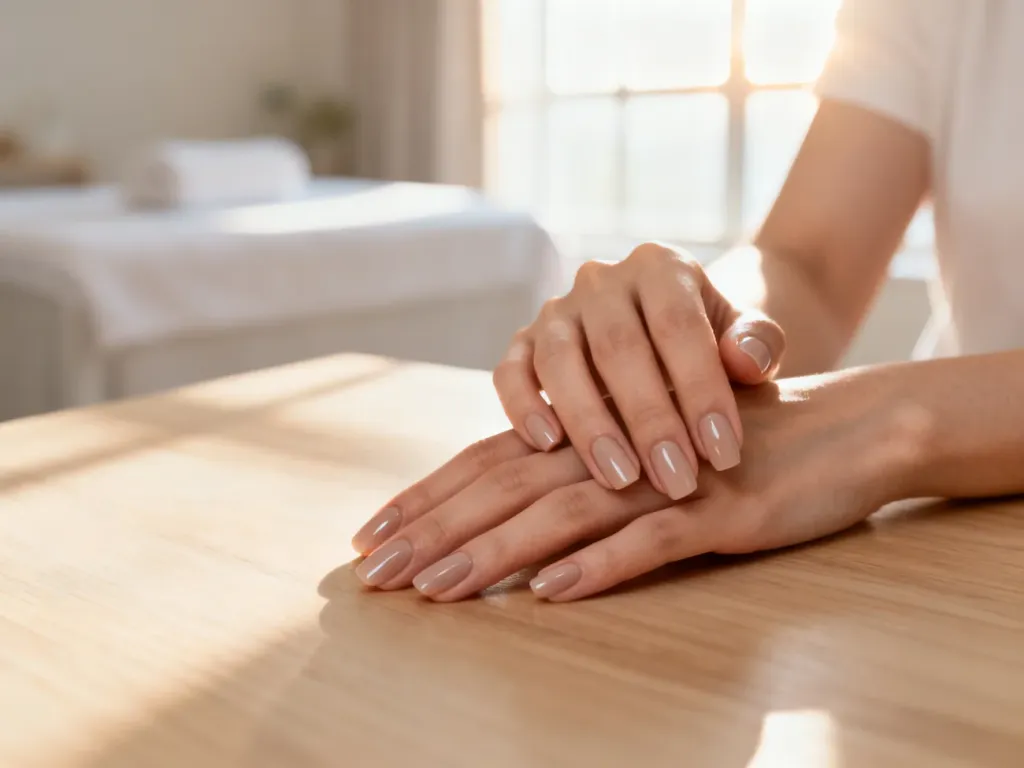 Zadbane dłonie z eleganckim, hybrydowym manicure w neutralnym odcieniu na tle jasnego, minimalistycznego wnętrza spa.