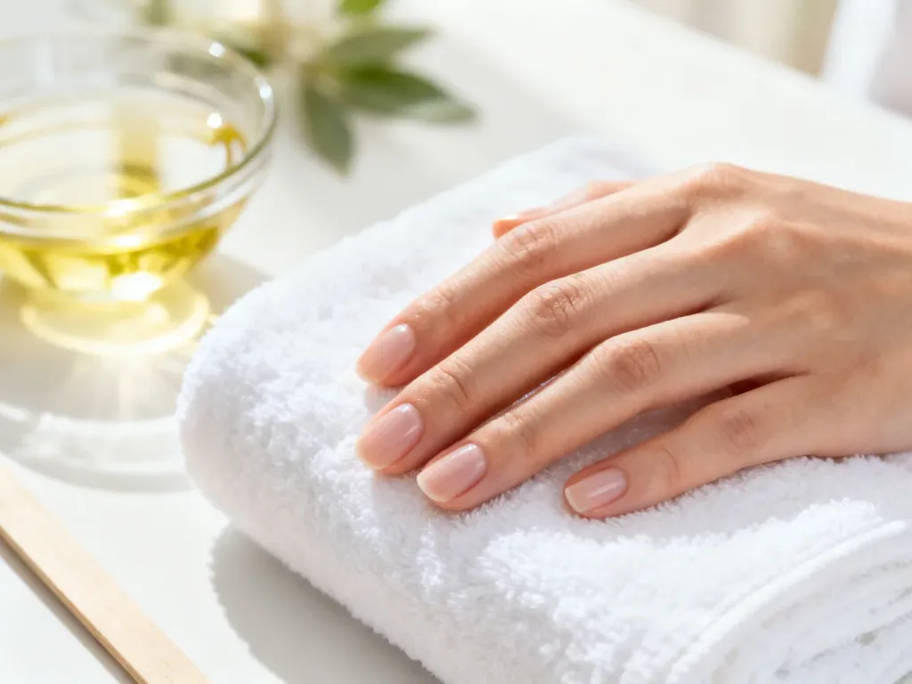 Zadbane, naturalne paznokcie na białym ręczniku w otoczeniu produktów spa, podkreślające zdrowy wygląd dłoni.