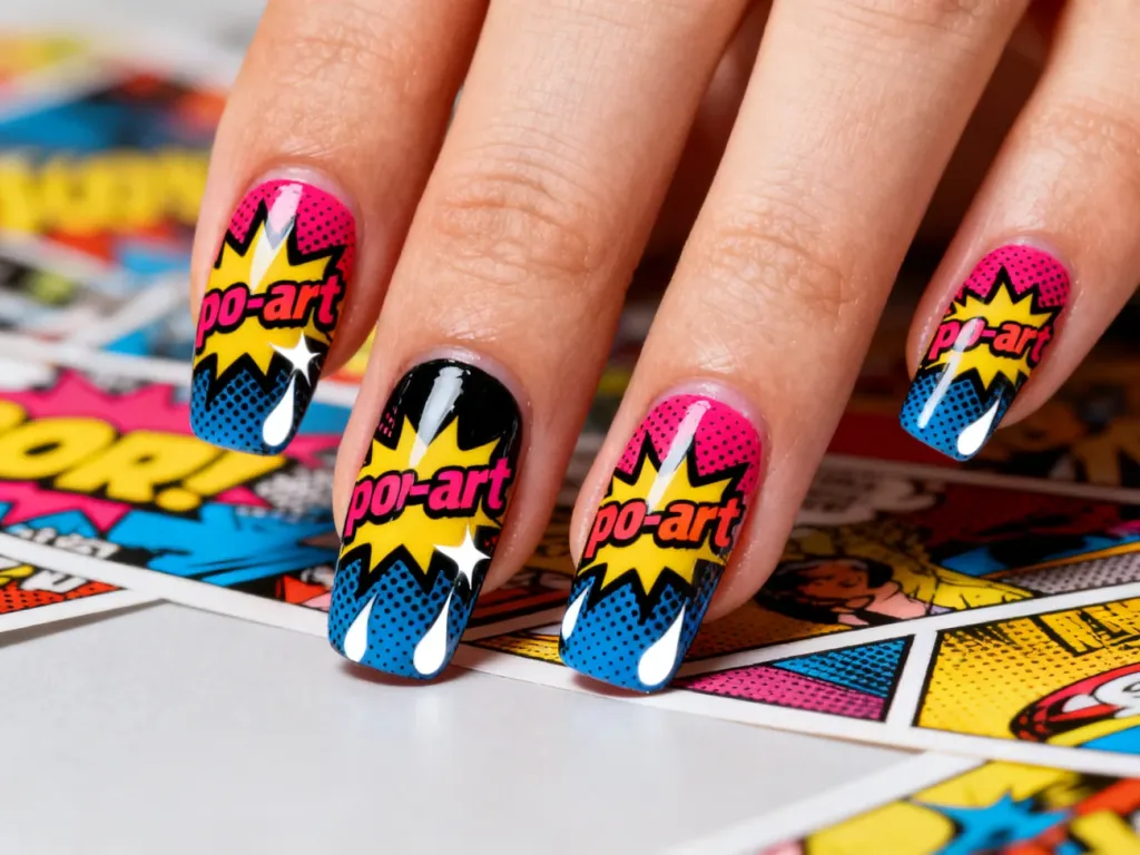 Dłonie z profesjonalnym manicure w stylu pop-art, charakteryzującym się wyrazistymi konturami i komiksową kolorystyką.