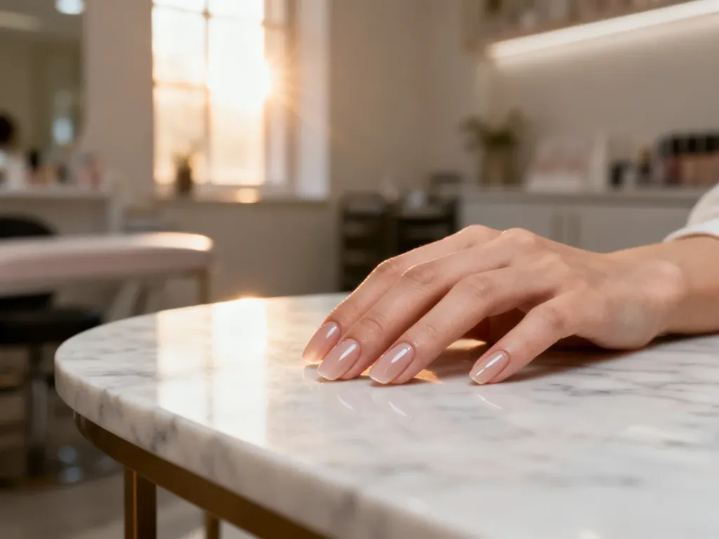 Zadbana dłoń z idealnie wykonanym manicure żelowym na marmurowym blacie w salonie kosmetycznym.