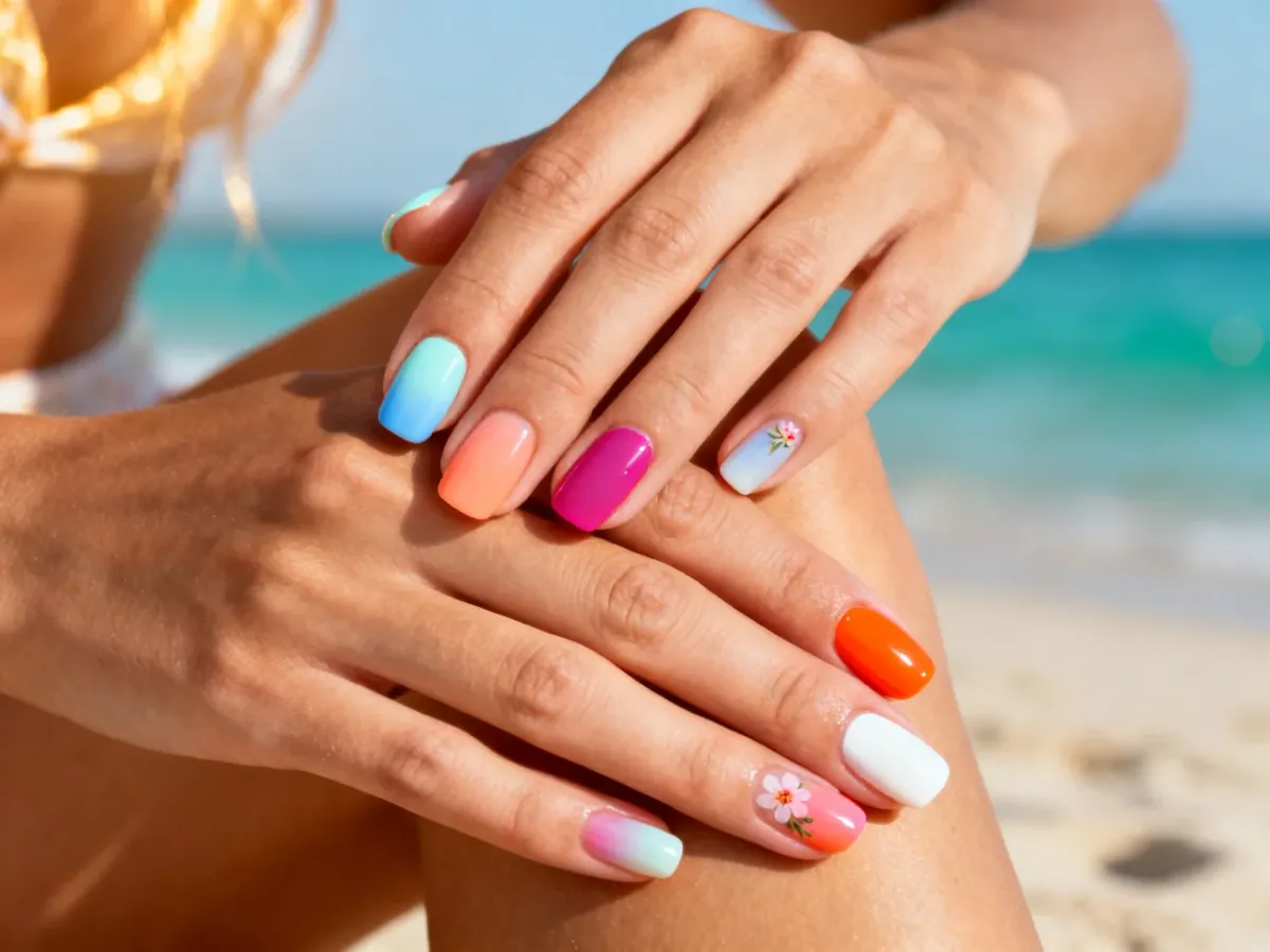 Dłonie z kolorowym letnim manicure w pastelowych i neonowych odcieniach na tle plaży