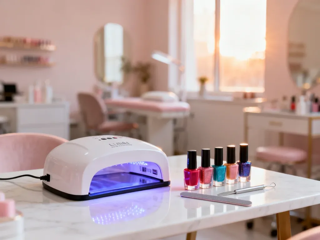 Profesjonalne stanowisko do manicure z lampą UV/LED, lakierami i akcesoriami na marmurowym blacie w jasnym salonie.