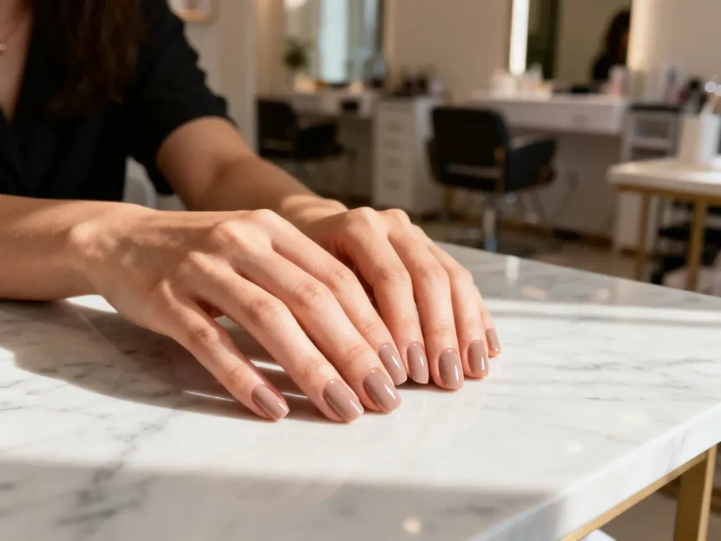 Zadbane dłonie z profesjonalnym manicure hybrydowym w neutralnym odcieniu na tle wnętrza salonu kosmetycznego.