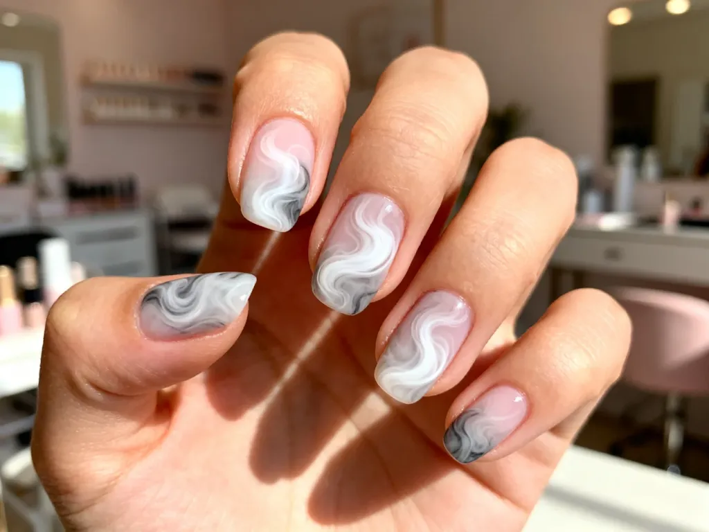 Dłoń z modnym manicure z efektem dymu w odcieniach bieli i szarości na pastelowym tle.