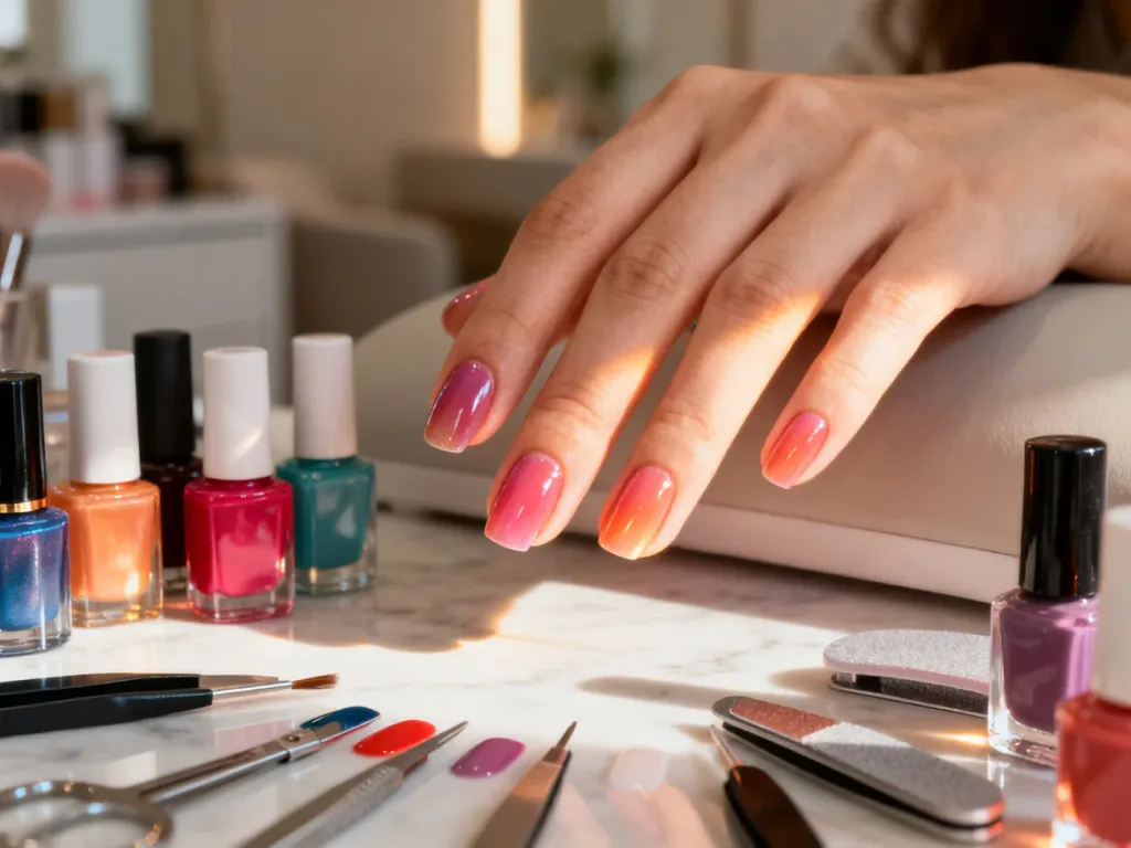 Zadbana dłoń z profesjonalnie pomalowanymi paznokciami na tle lakierów i narzędzi do manicure w salonie kosmetycznym.