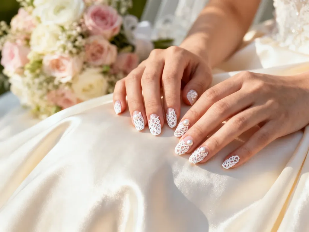 Elegancki manicure ślubny z delikatnym wzorem koronki i perełkami na tle jedwabnej tkaniny.