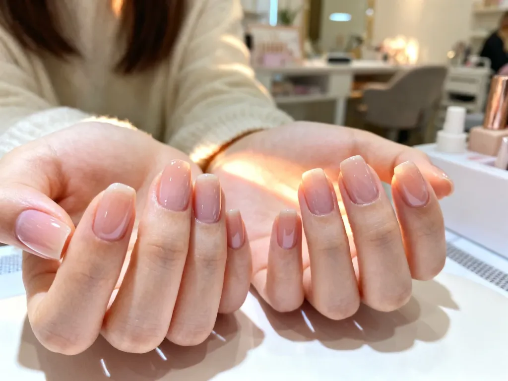 Zadbane dłonie z eleganckim manicure żelowym w pastelowym odcieniu, prezentujące efekt idealnie wykonanej stylizacji.
