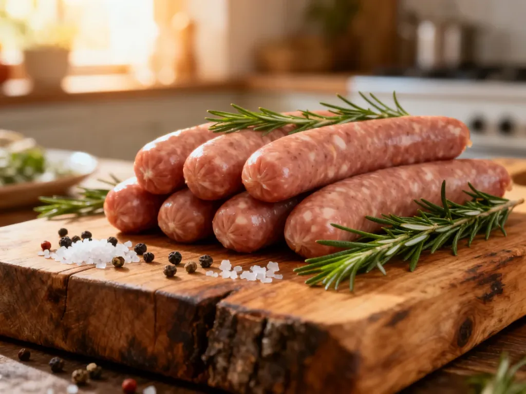 Surowe, domowe frankfurterki ułożone na drewnianej desce z rozmarynem, pieprzem i solą w przytulnej kuchni.