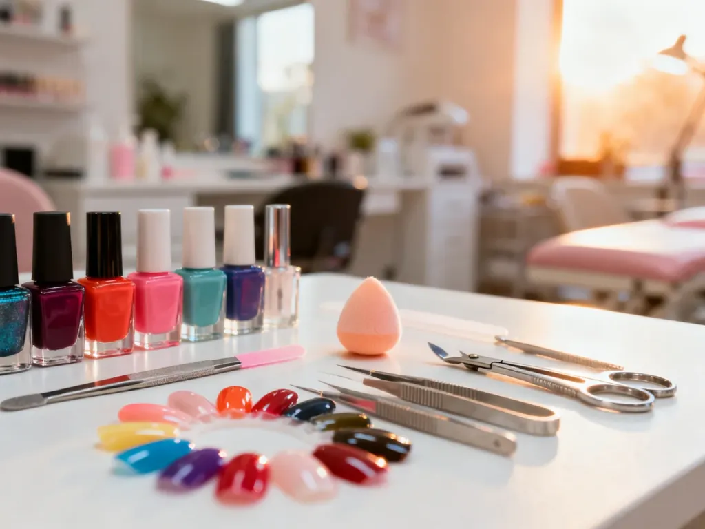 Profesjonalne akcesoria do manicure, lakiery i gąbeczka do tworzenia efektu gradientu na paznokciach.