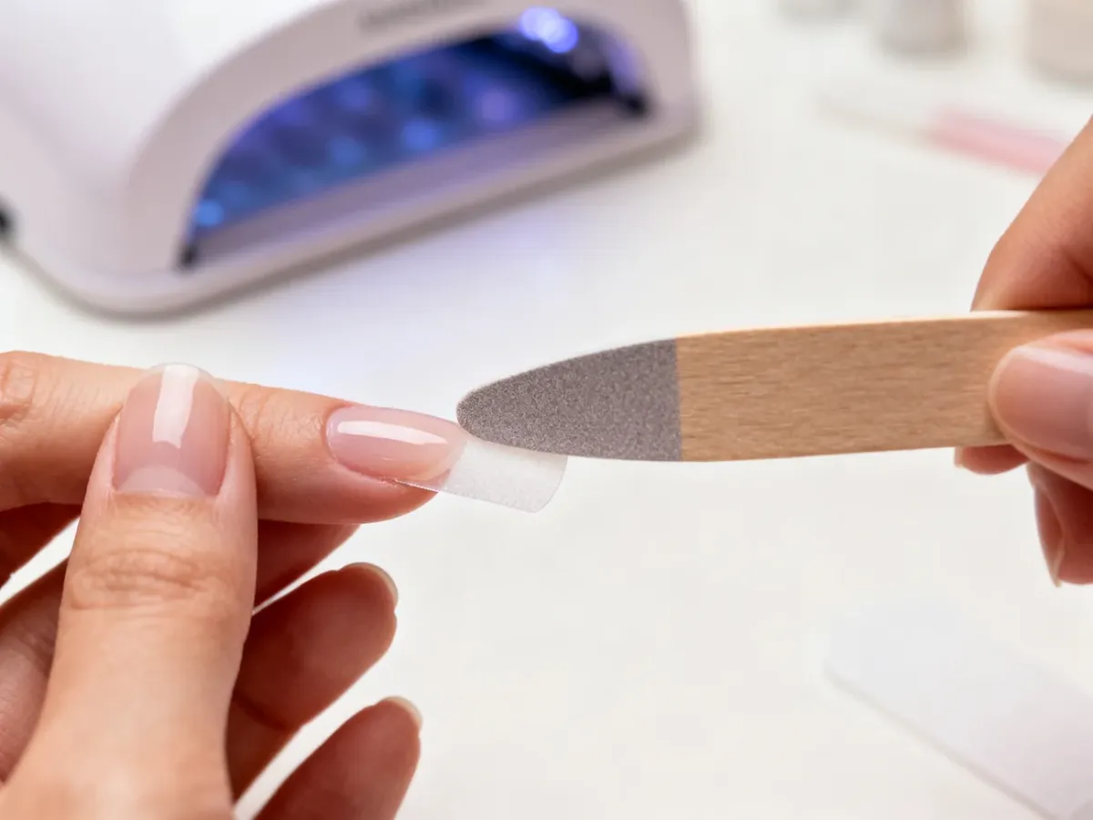 A semi-cured gel nail strip being smoothed onto a fingernail with a wooden cuticle pusher