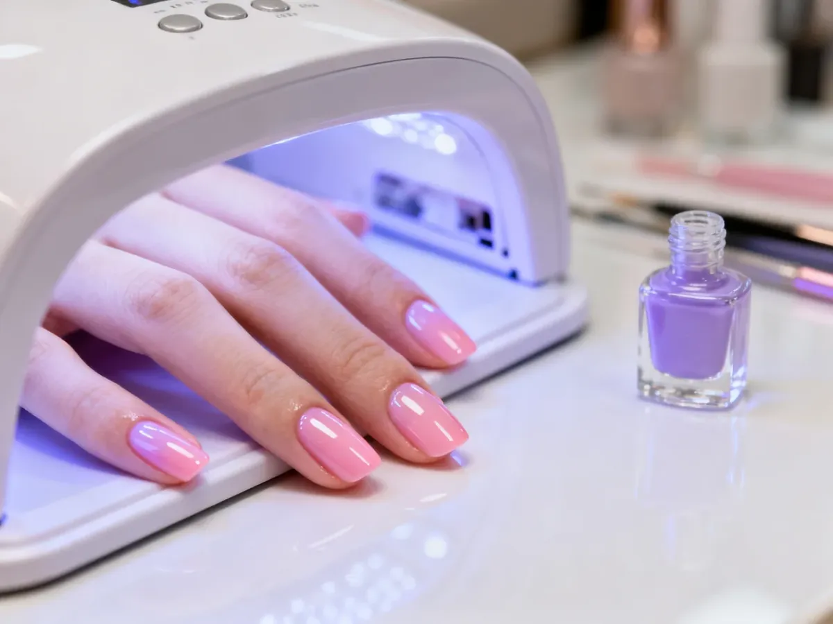 Błyszczący manicure hybrydowy utwardzany w lampie UV LED