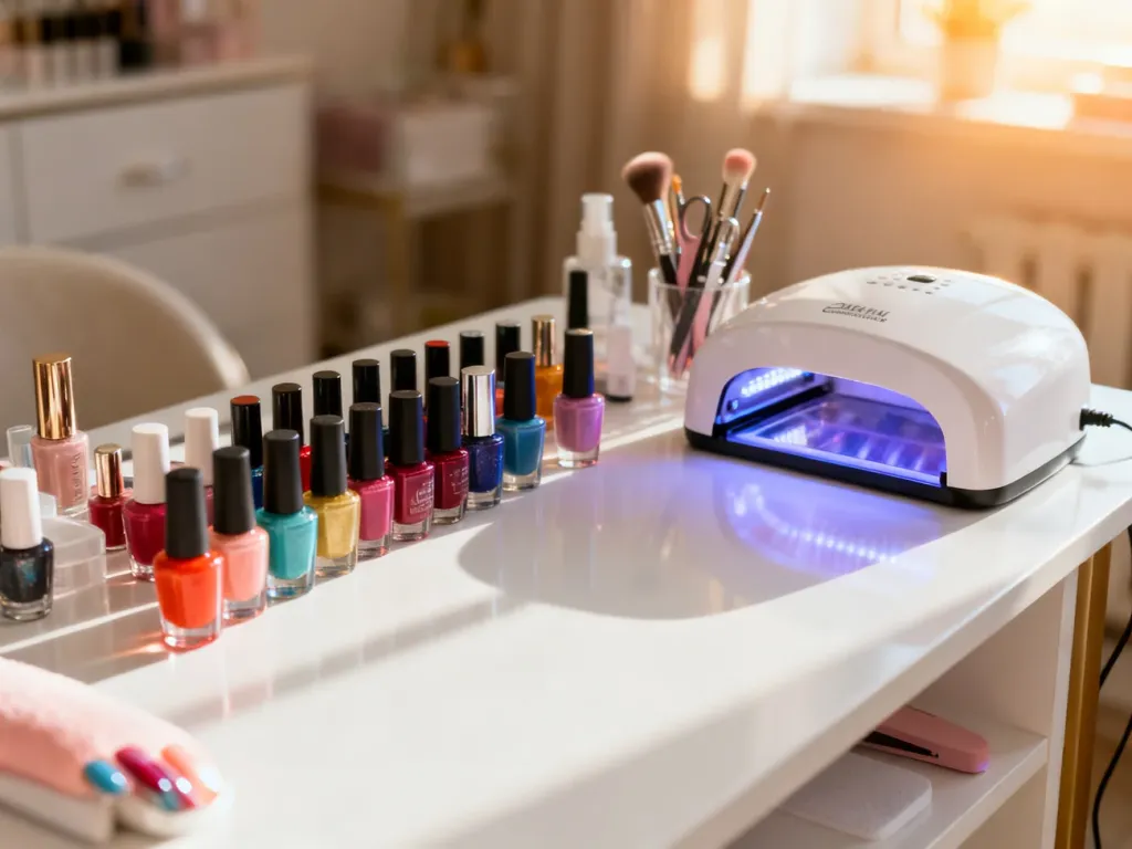 Stanowisko do manicure z lampą UV, lakierami i profesjonalnymi narzędziami na białym stole w salonie kosmetycznym.