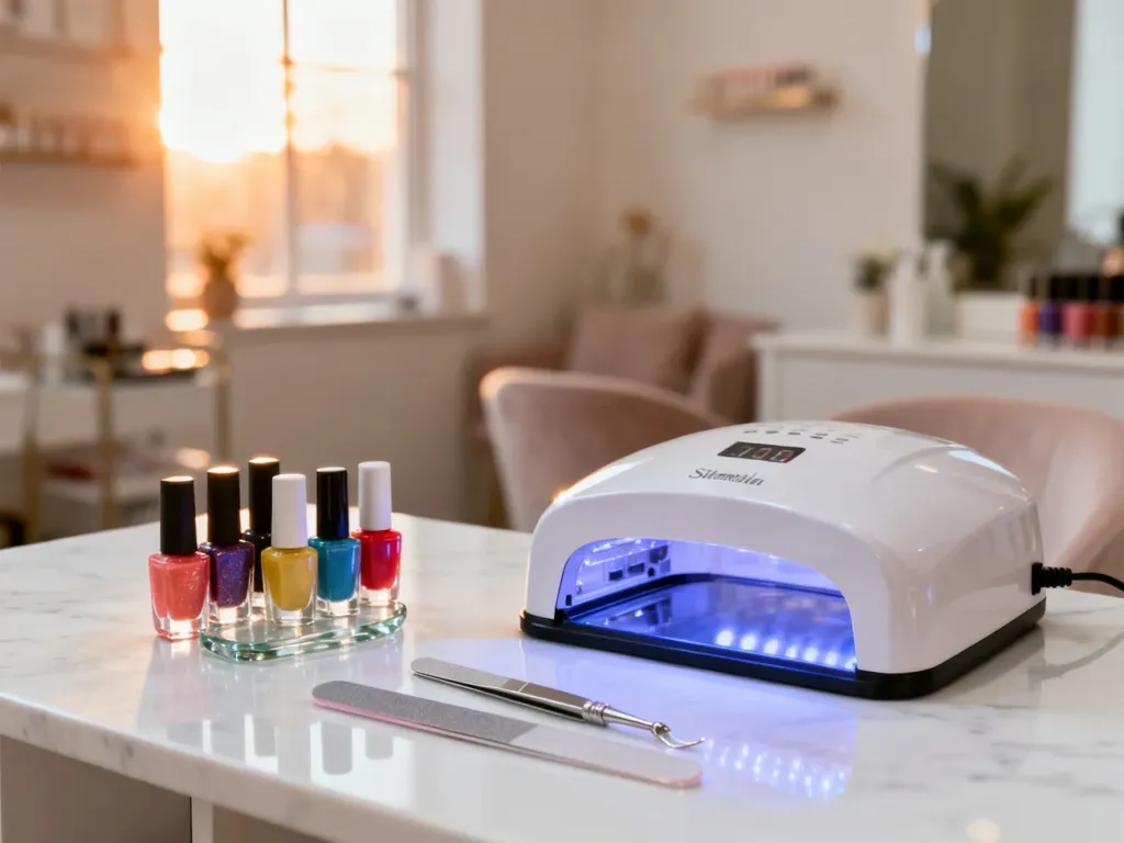 Profesjonalny zestaw do manicure hybrydowego z lampą UV/LED i lakierami na marmurowym blacie.