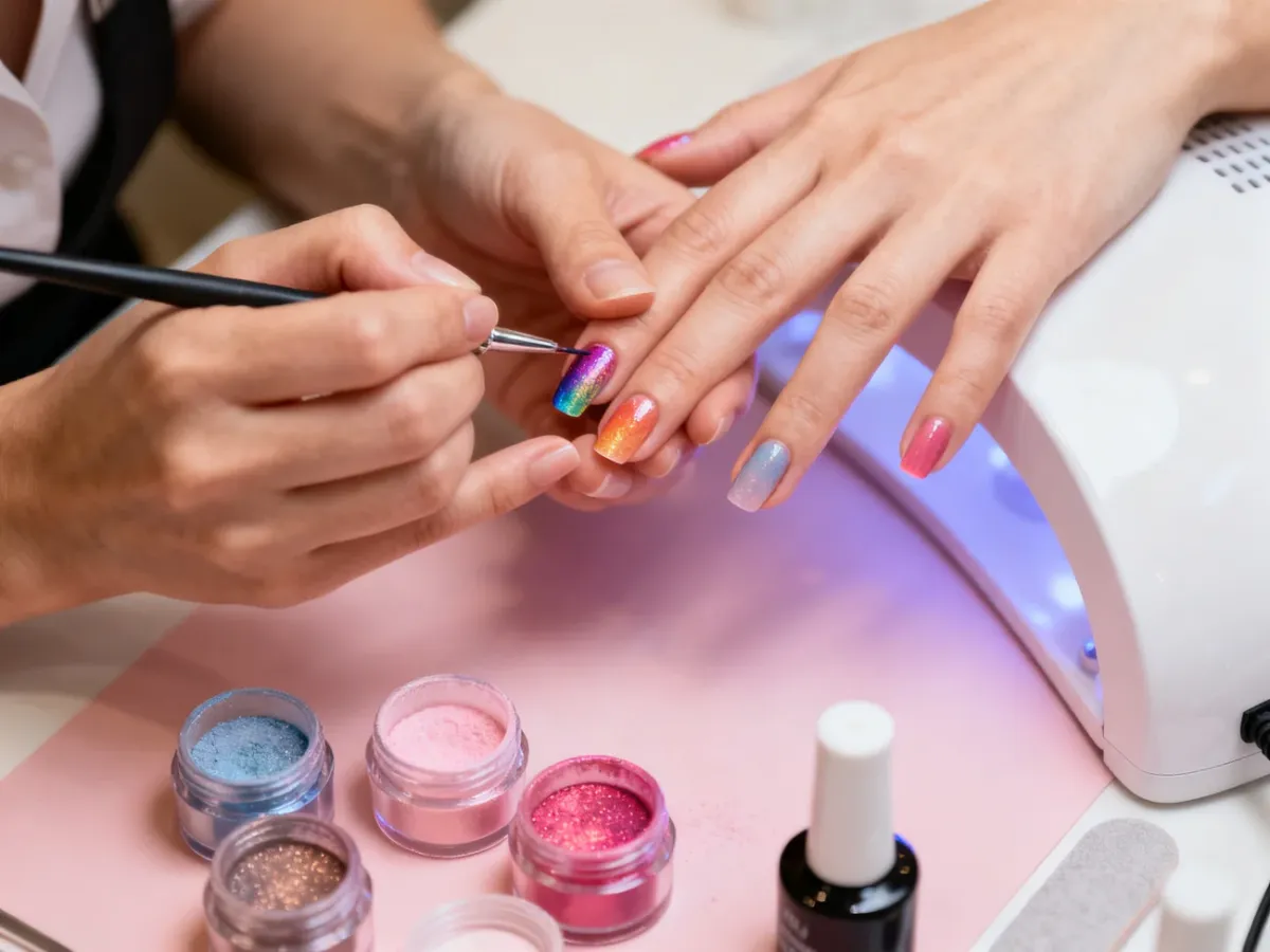 Stylistka nakładająca puder do manicure tytanowego na paznokcie klientki