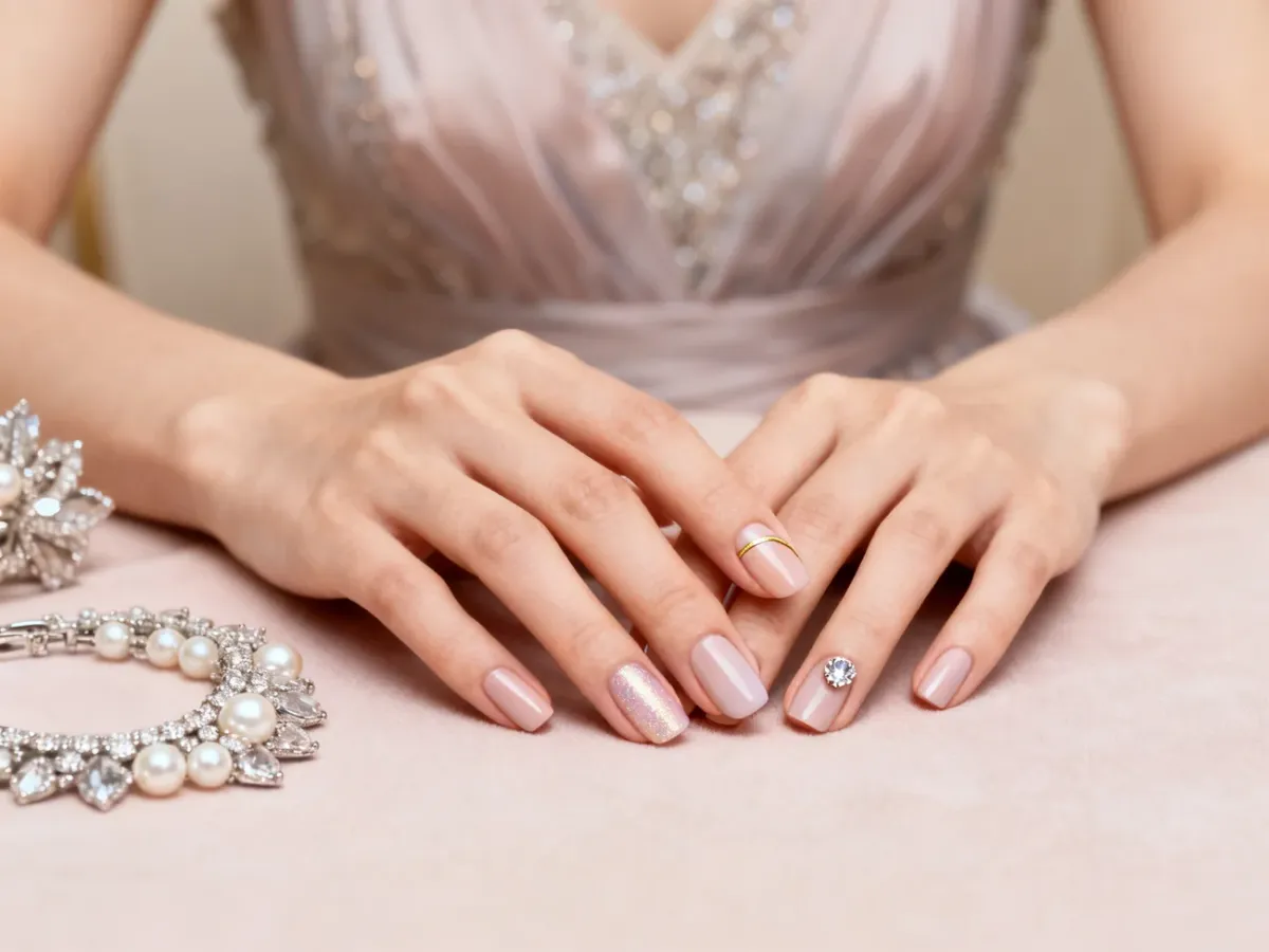 Delikatny nude i baby boomer manicure ze złotym akcentem i pojedynczą cyrkonią