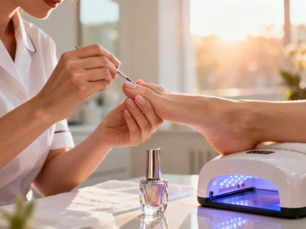 Profesjonalistka wykonuje pedicure hybrydowy przy użyciu lampy UV w jasnym, nowoczesnym gabinecie kosmetycznym.