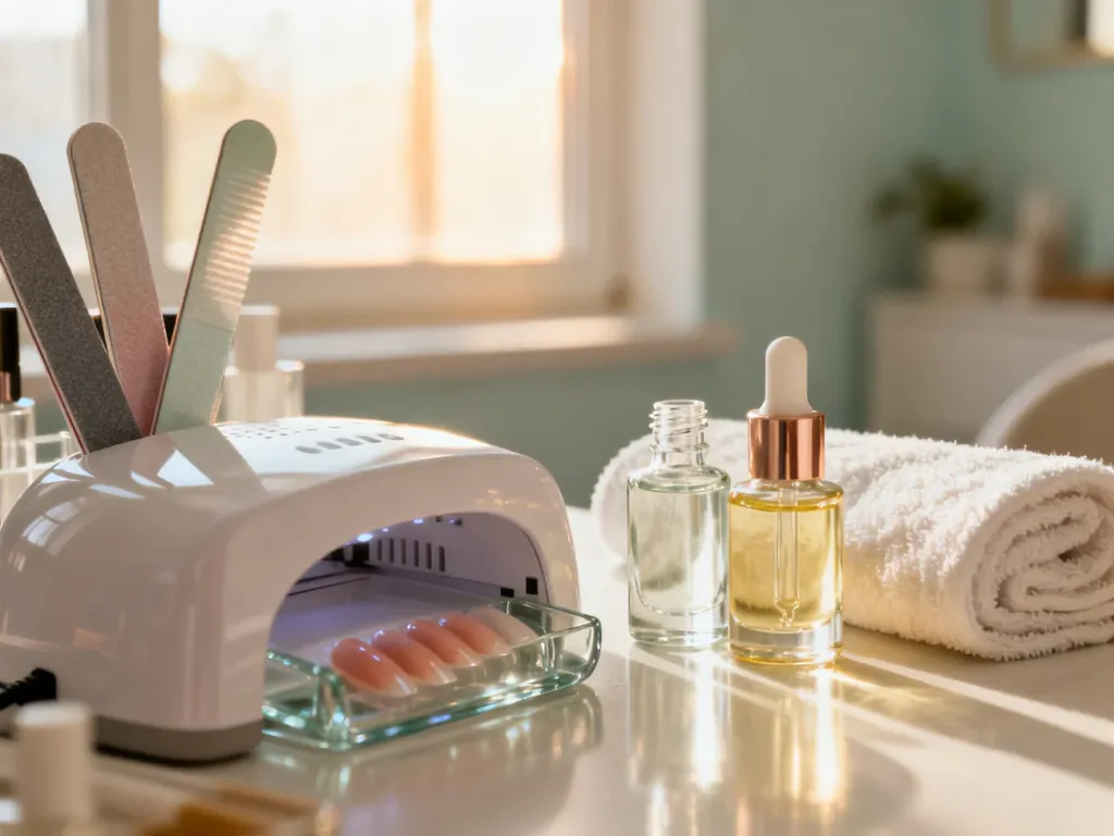 Profesjonalne stanowisko do manicure z pilnikami i olejkami do skórek w minimalistycznym, relaksującym wnętrzu spa.