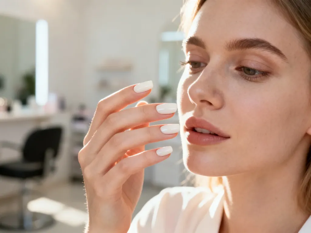 Dłoń z eleganckim manicure w kolorze mlecznej bieli, prezentująca gładkie i estetyczne wykończenie paznokci.