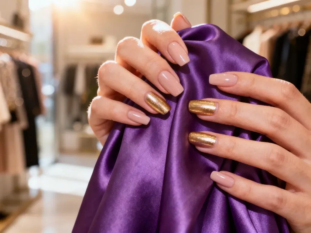 Eleganckie dłonie z manicure w odcieniach nude i złota, trzymające fioletowy jedwab w butikowym wnętrzu.