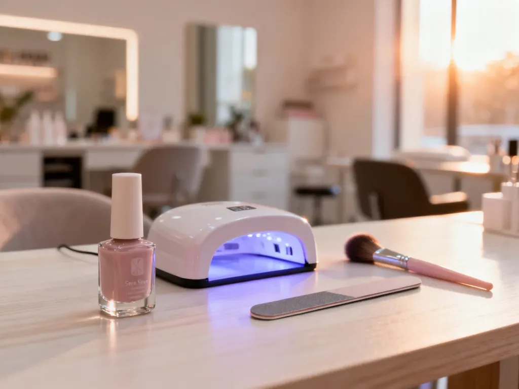 Profesjonalne narzędzia do manicure żelowego, w tym lampa LED i baza, przygotowane na drewnianym stole w salonie kosmetycznym.