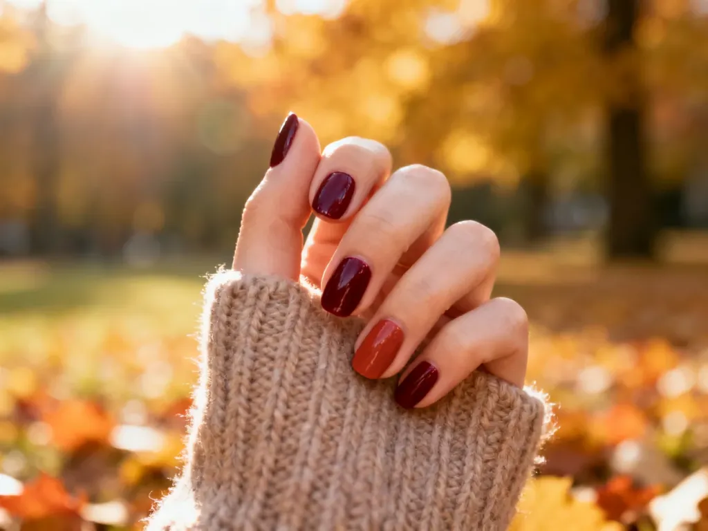 Dłonie z eleganckim manicure w odcieniach burgundu i terakoty, trzymające wełniany sweter na tle jesiennego parku.