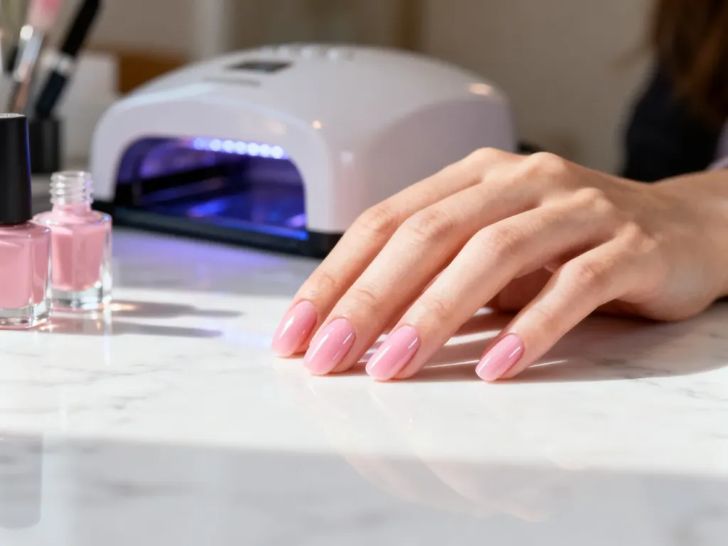 Zadbana dłoń z profesjonalnym manicurem żelowym w pastelowym odcieniu różu na marmurowym blacie.