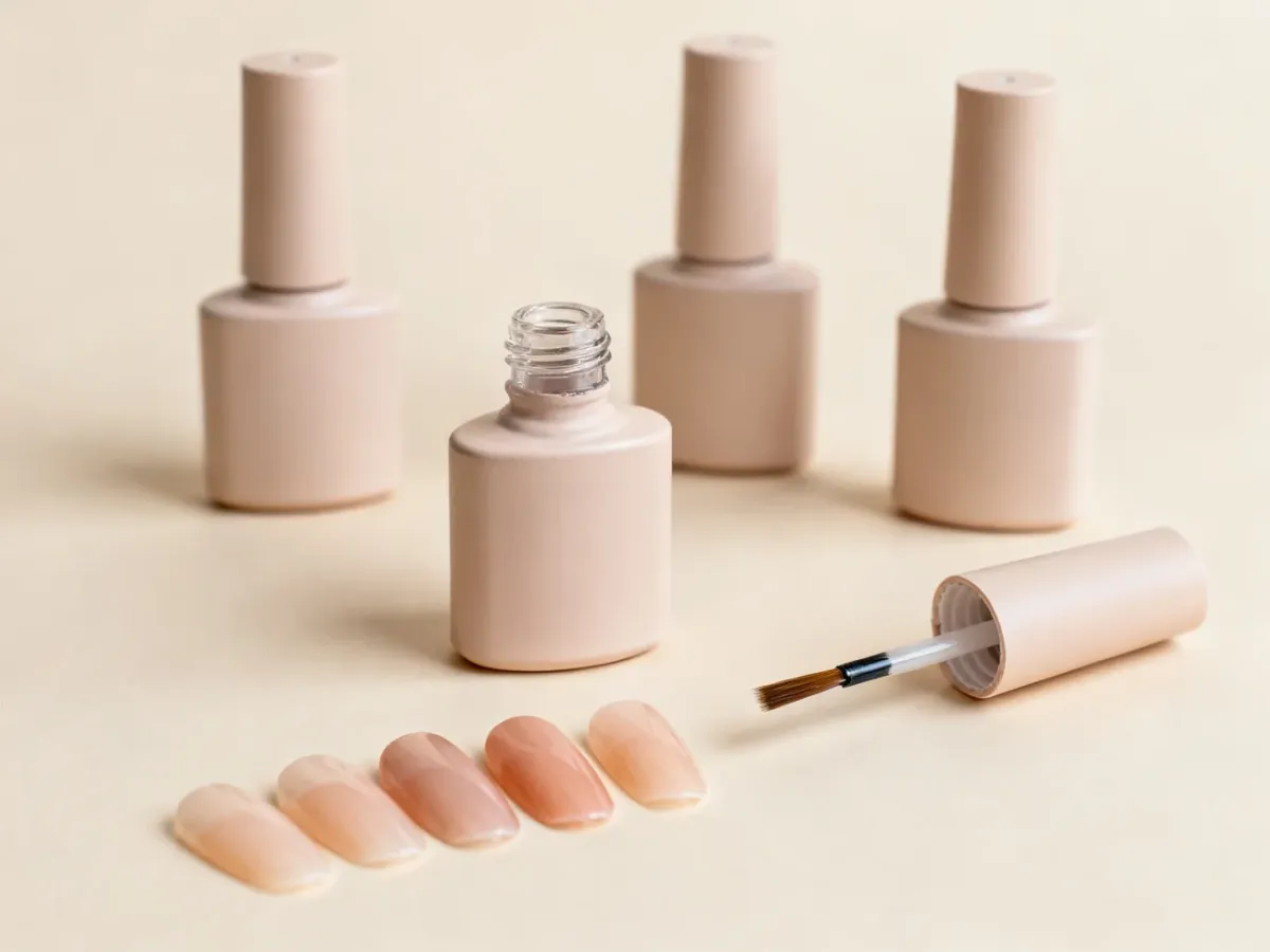 Produkty do bazowego manicure hybrydowego i próbki stylizacji paznokci