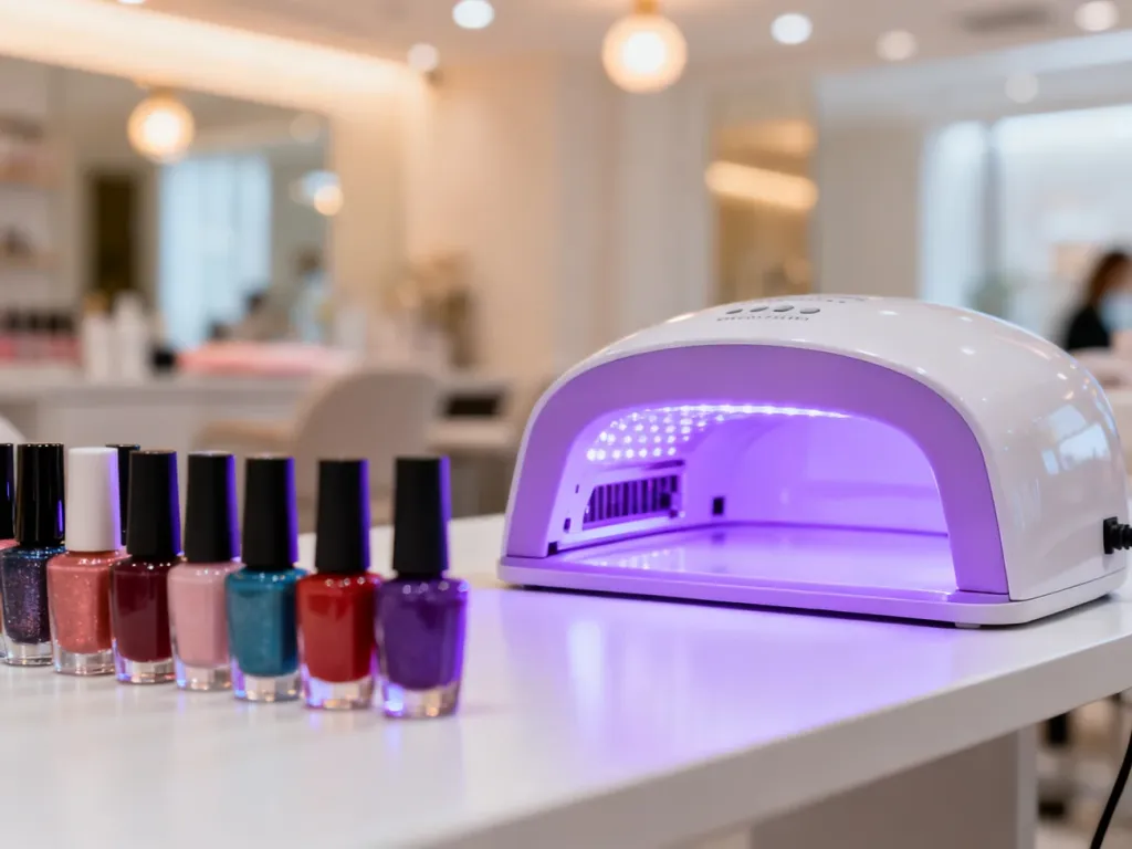 Profesjonalna lampa UV/LED emitująca fioletowe światło na stole do manicure, otoczona kolorowymi lakierami hybrydowymi.