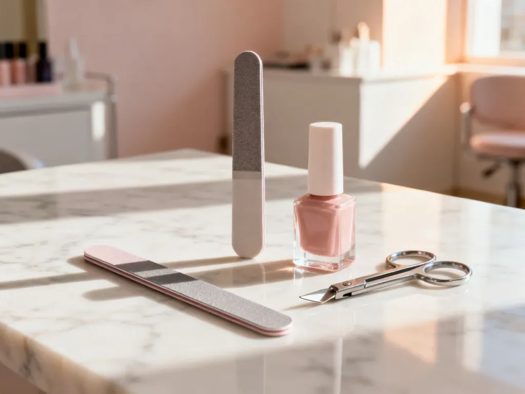 Profesjonalne narzędzia do manicure ułożone na marmurowym blacie w jasnym salonie kosmetycznym.