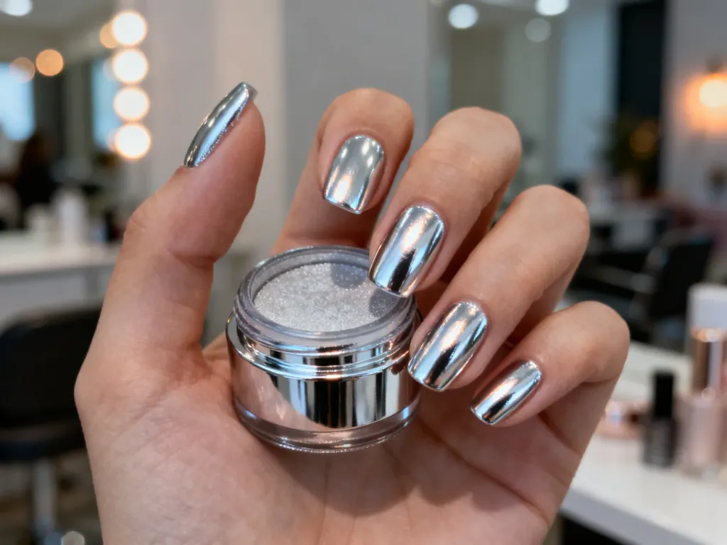 Dłoń z idealnie gładkim, lustrzanym manicure w odcieniu srebra trzymająca słoiczek z pyłkiem do paznokci.