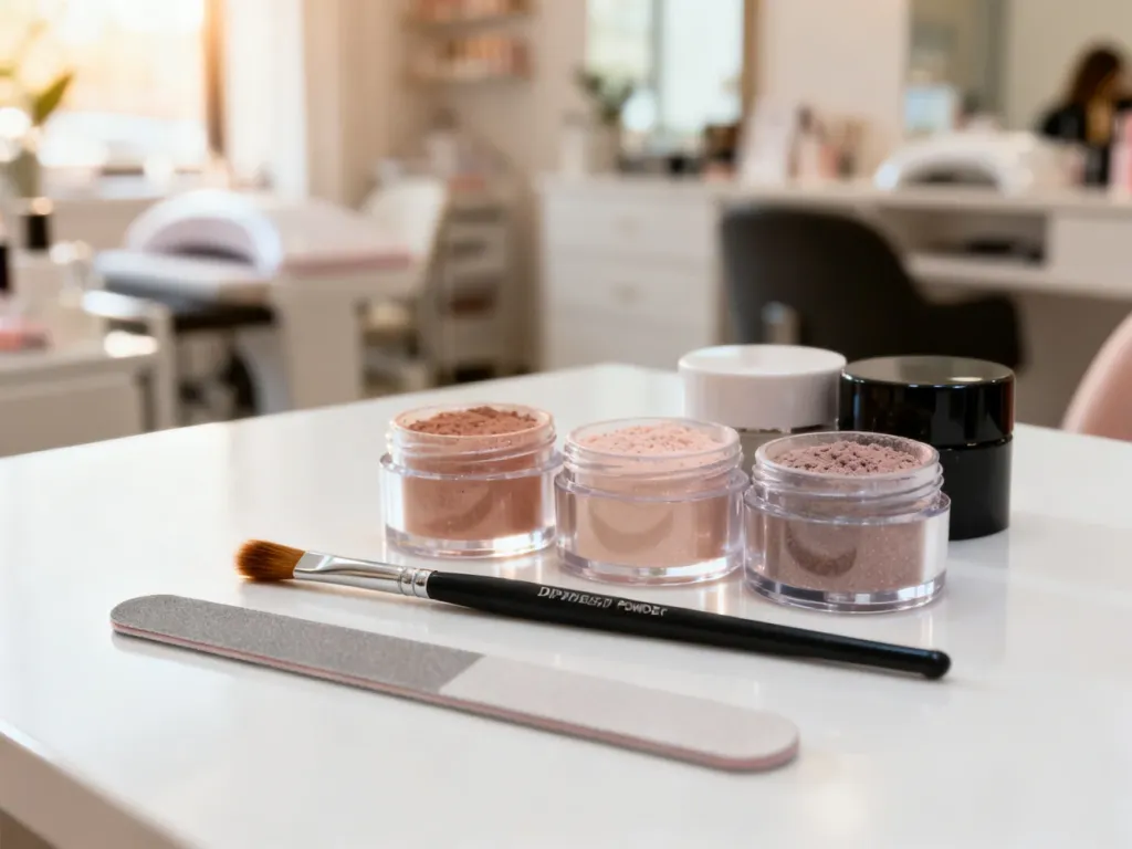 Zestaw profesjonalnych pudrów tytanowych, pędzelek i pilnik przygotowane do wykonania manicure na białym blacie.