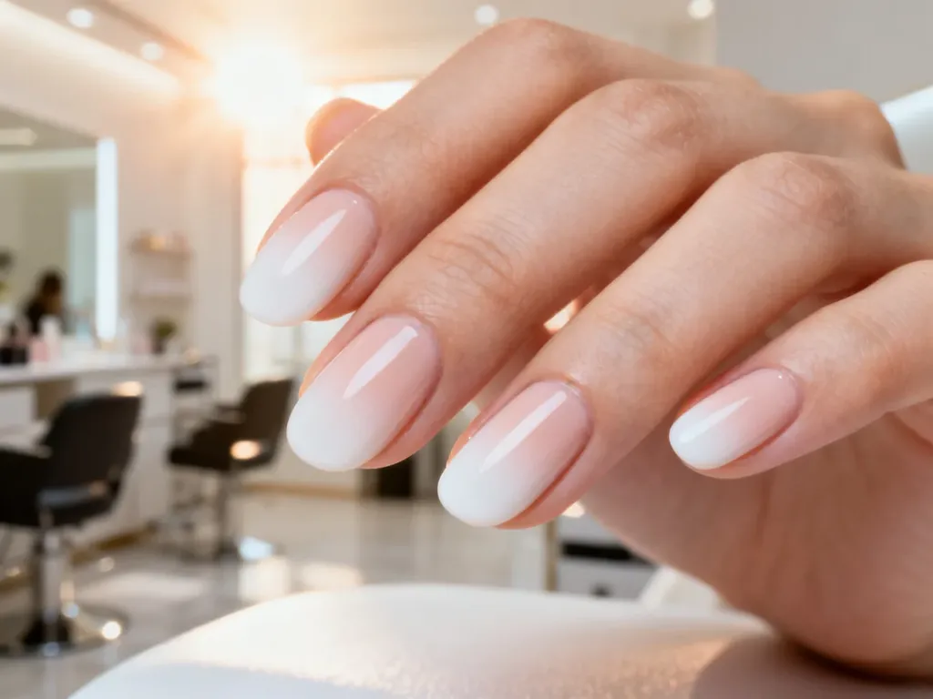 Profesjonalny manicure typu baby boomer z płynnym przejściem bieli w odcień nude na owalnych paznokciach.