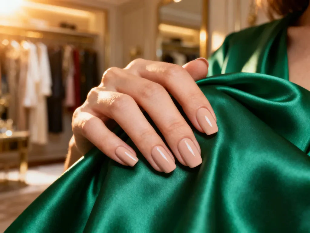 Dłoń z eleganckim manicure w kolorze nude spoczywająca na szmaragdowej sukience z jedwabiu.