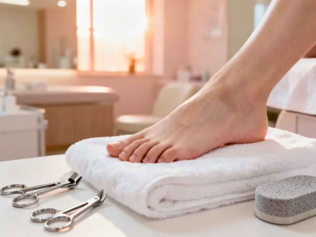Zadbana stopa podczas profesjonalnego zabiegu pedicure w nowoczesnym salonie spa z zestawem sterylnych narzędzi.