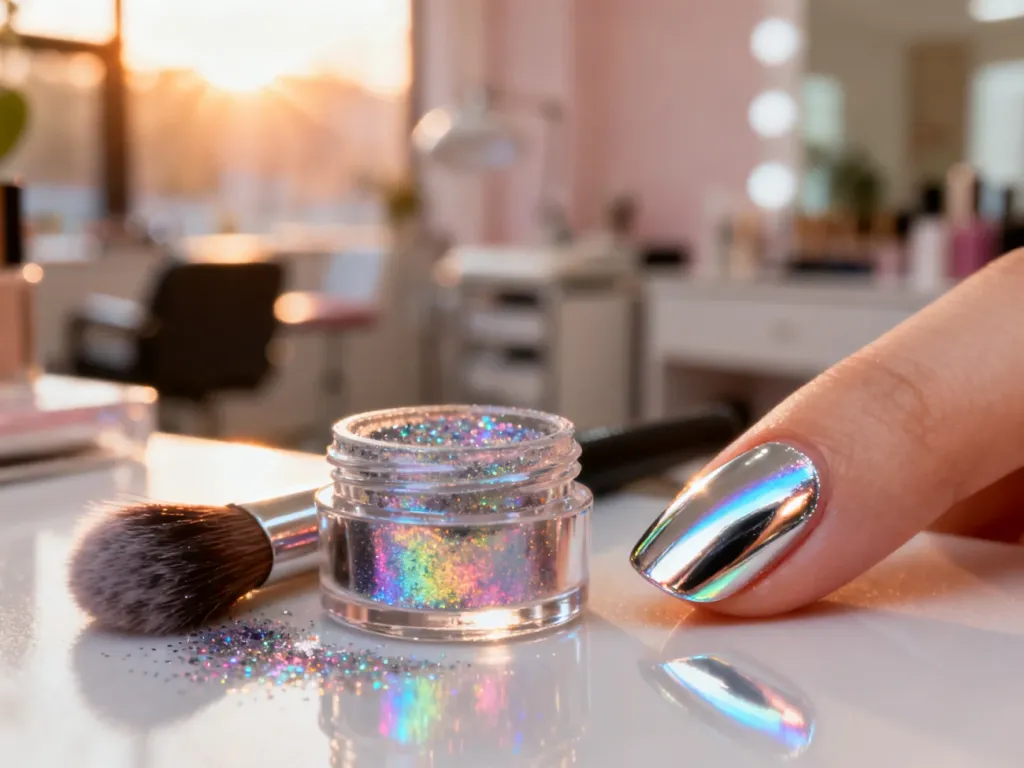 Słoiczek z pigmentem do paznokci, pędzelek oraz wzornik z efektem lustra na stanowisku do profesjonalnego manicure.