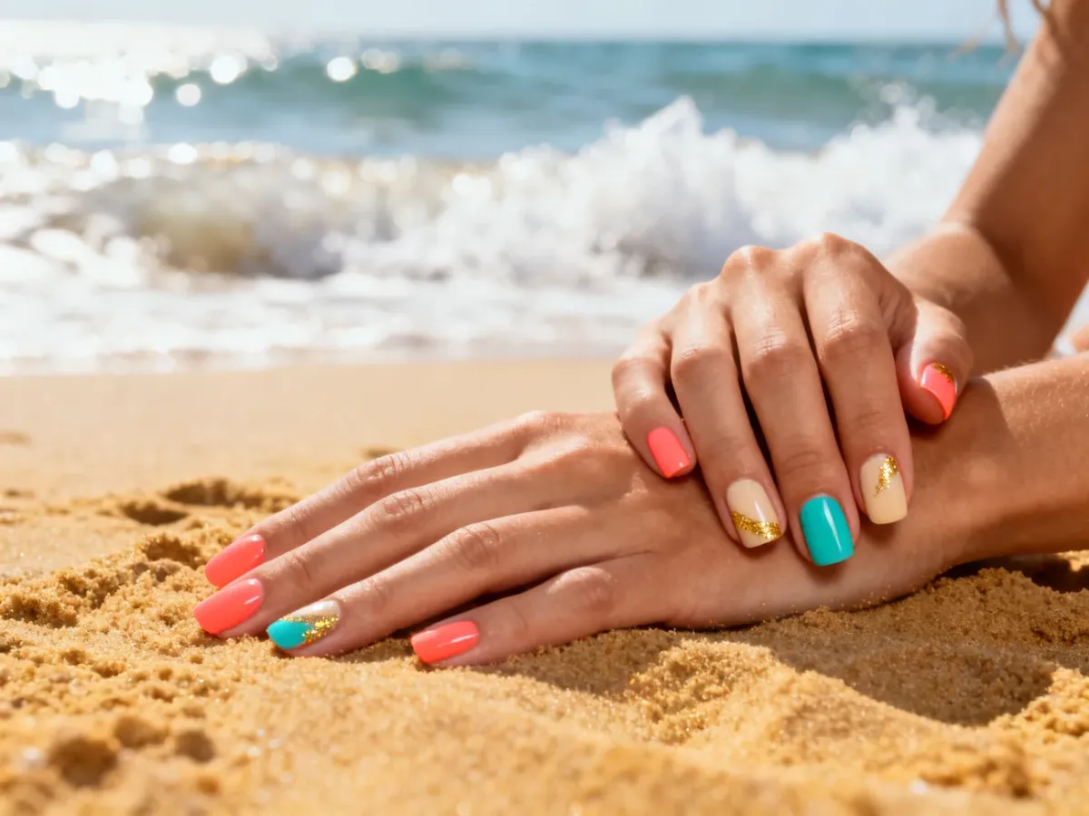 Dłonie z kolorowym plażowym manicure na tle piasku i morza