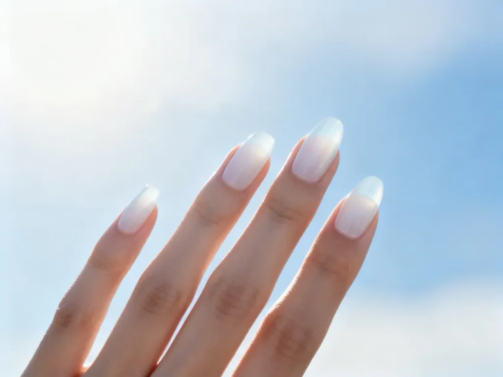 Dłoń z paznokciami w półprzezroczystym, mlecznobiałym odcieniu „cloud dancer” na eterycznym, pastelowym tle.
