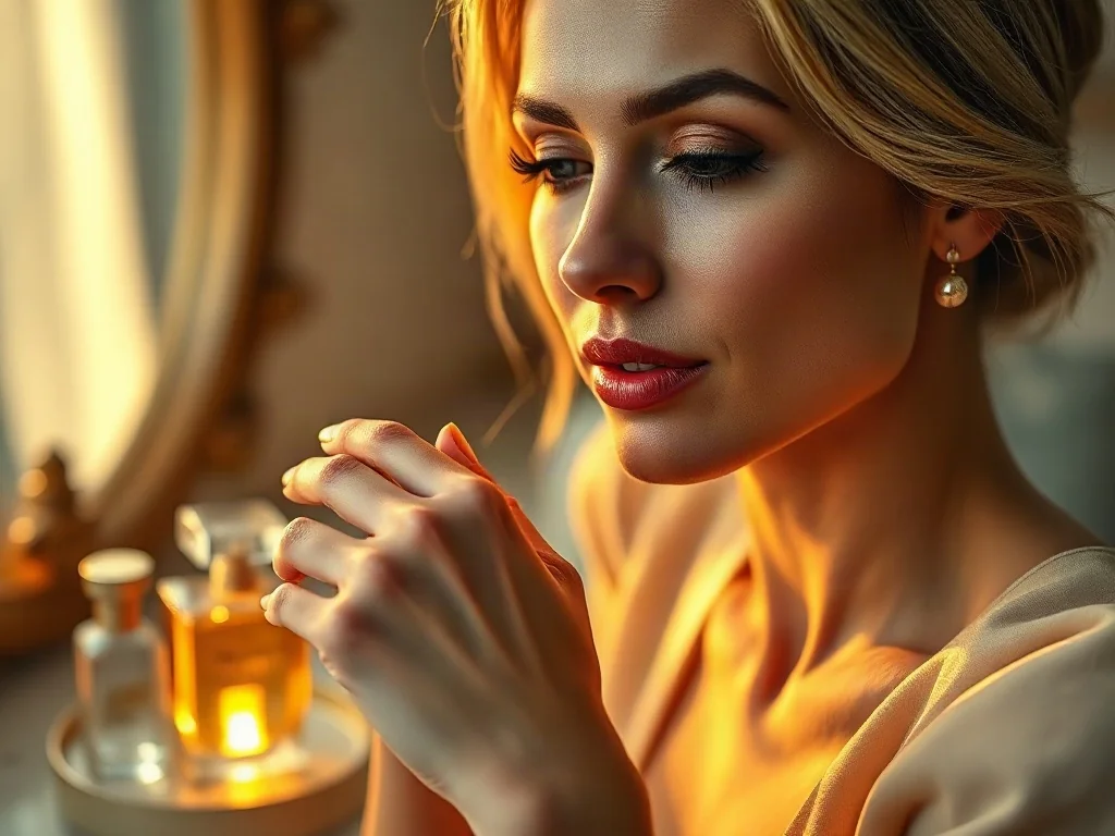 Kobieta aplikuje perfumy na nadgarstek, stojąc przy eleganckiej toaletce w ciepłym, złotym świetle.