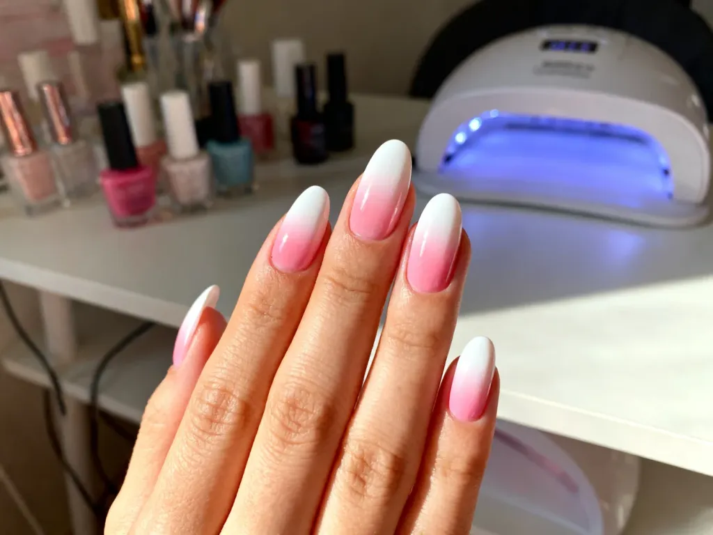 Dłoń z profesjonalnym manicure ombre, przechodzącym z pastelowego różu w biel, na tle akcesoriów kosmetycznych.