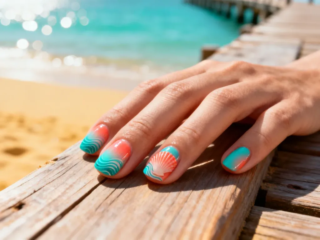 Dłoń z wakacyjnym manicure w odcieniach turkusu i koralu na tle morskiego wybrzeża. Idealna inspiracja na letnie paznokcie.